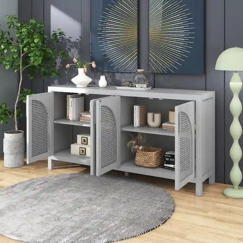 Buffet avec porte en rotin synthétique et poignées en métal pour salon et entrée