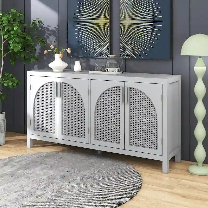 Buffet avec porte en rotin synthétique et poignées en métal pour salon et entrée
