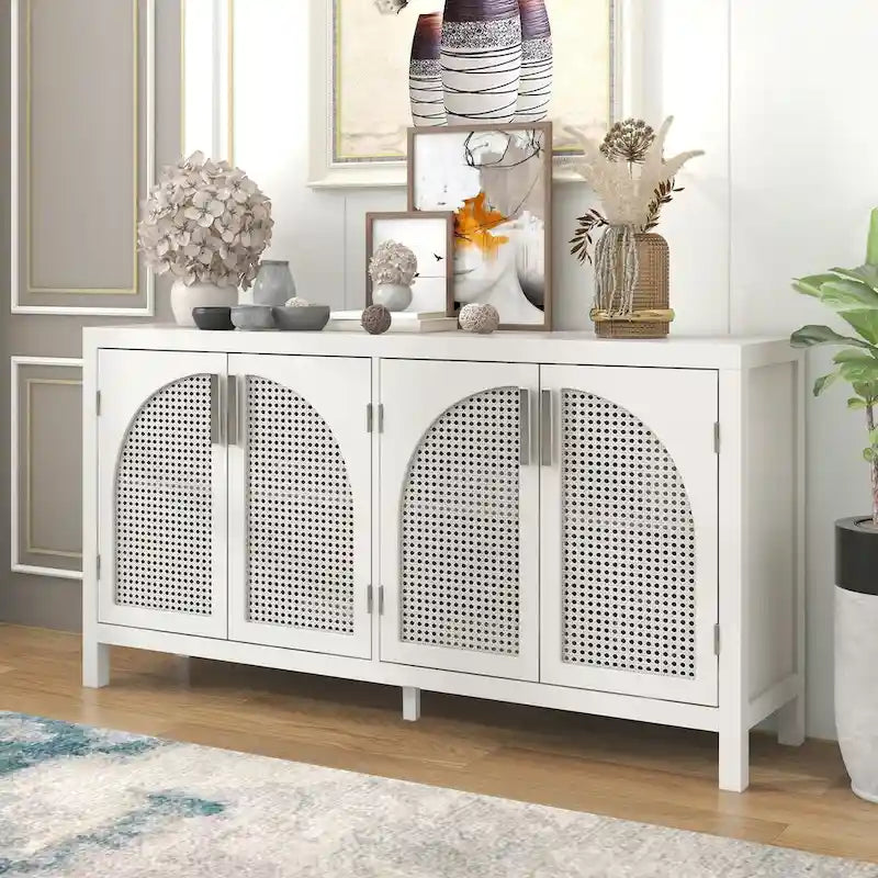 Buffet avec porte en rotin synthétique et poignées en métal pour salon et entrée