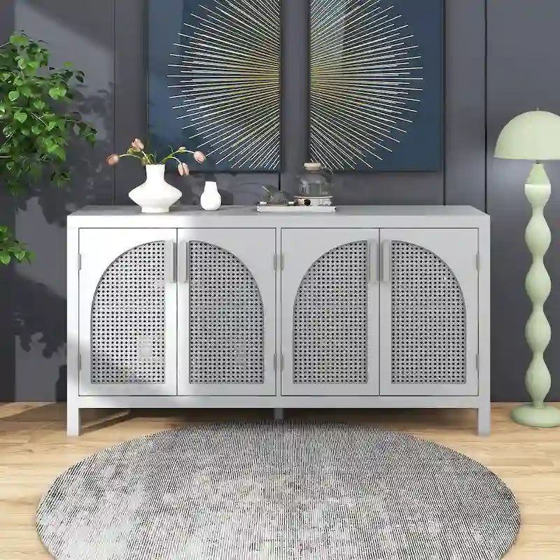 Buffet avec porte en rotin synthétique et poignées en métal pour salon et entrée