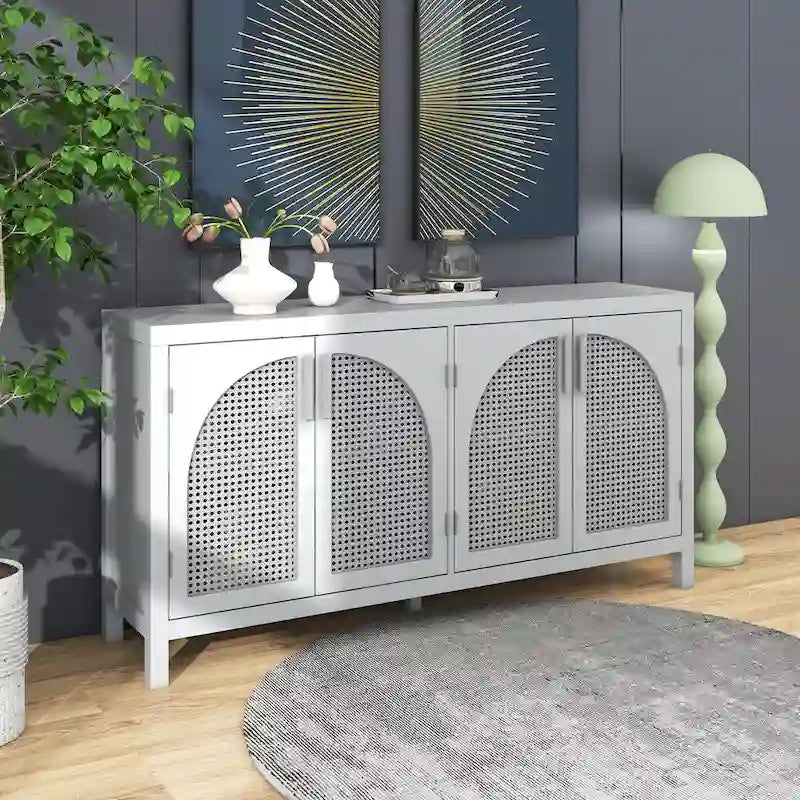 Buffet avec porte en rotin synthétique et poignées en métal pour salon et entrée