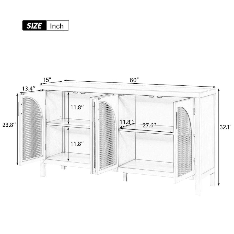 Buffet avec porte en rotin synthétique et poignées en métal pour salon et entrée