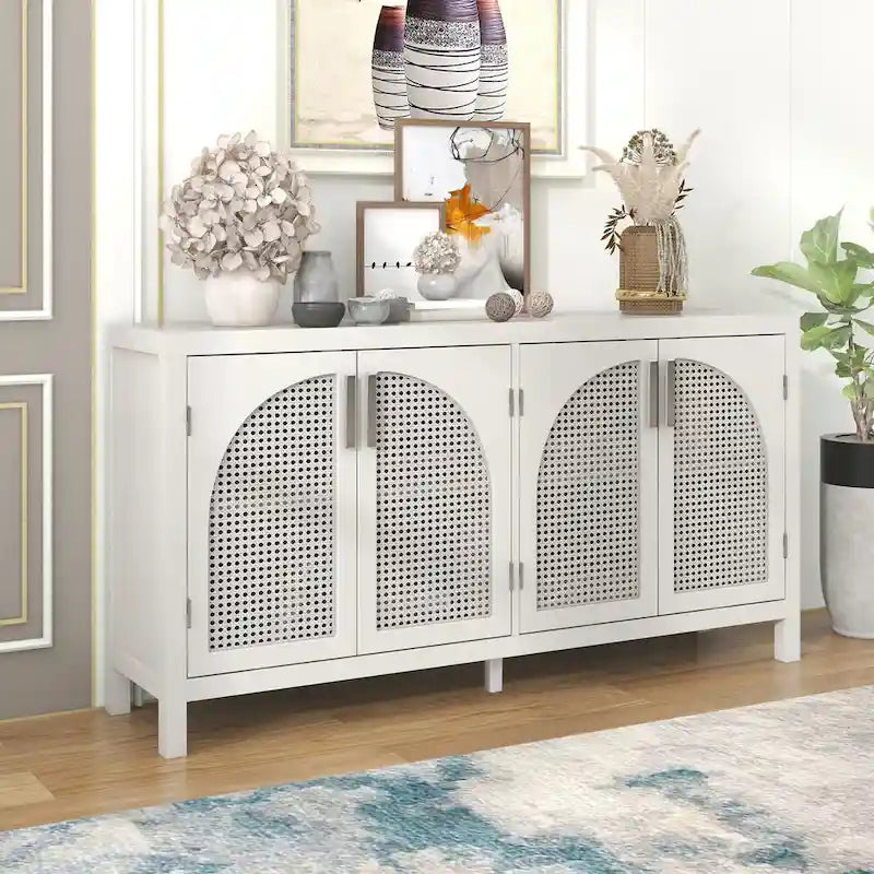 Buffet avec porte en rotin synthétique et poignées en métal pour salon et entrée