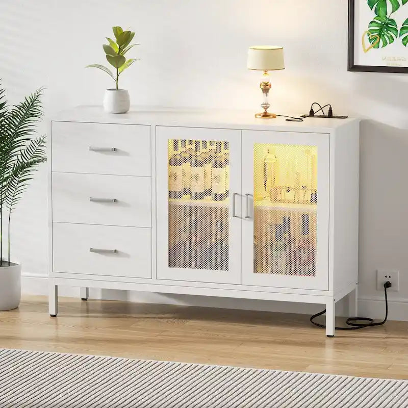 Meuble d'appoint de 45 W avec tiroirs et station de charge, buffet de rangement avec lumière LED