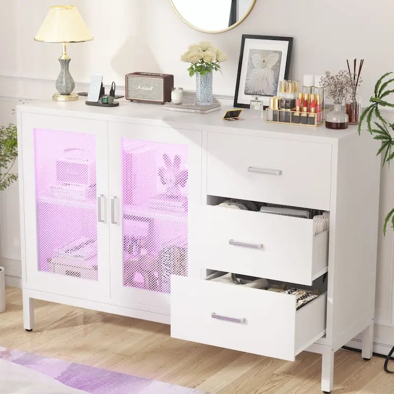 Meuble d'appoint de 45 W avec tiroirs et station de charge, buffet de rangement avec lumière LED