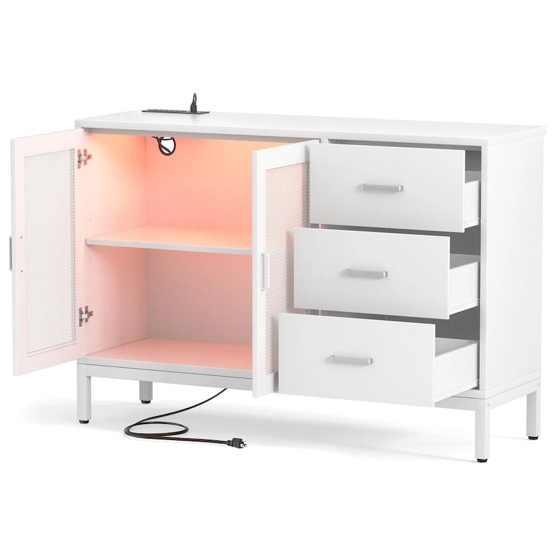 Meuble d'appoint de 45 W avec tiroirs et station de charge, buffet de rangement avec lumière LED