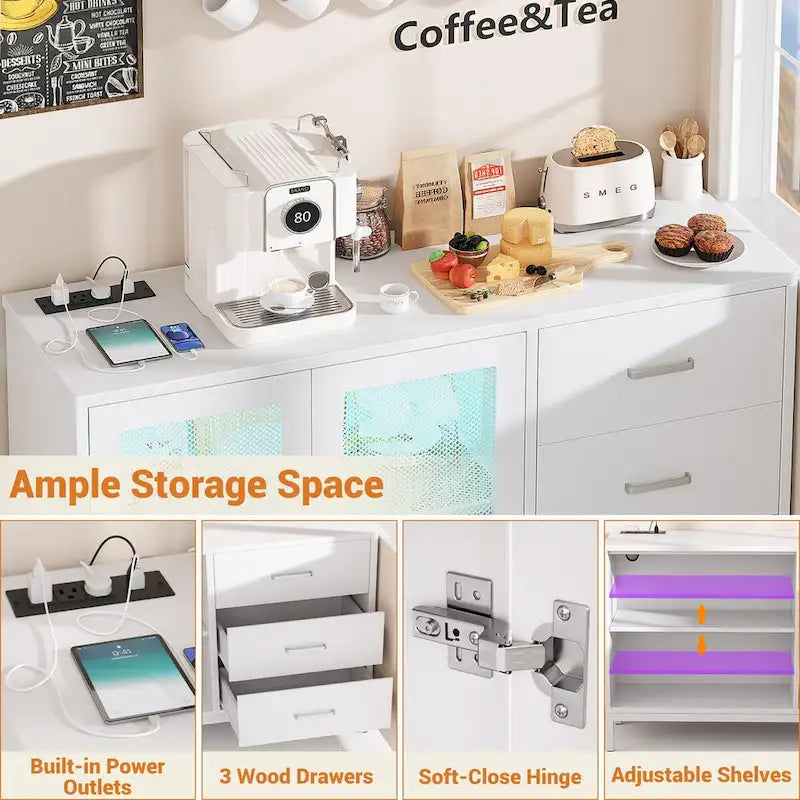 Meuble d'appoint de 45 W avec tiroirs et station de charge, buffet de rangement avec lumière LED