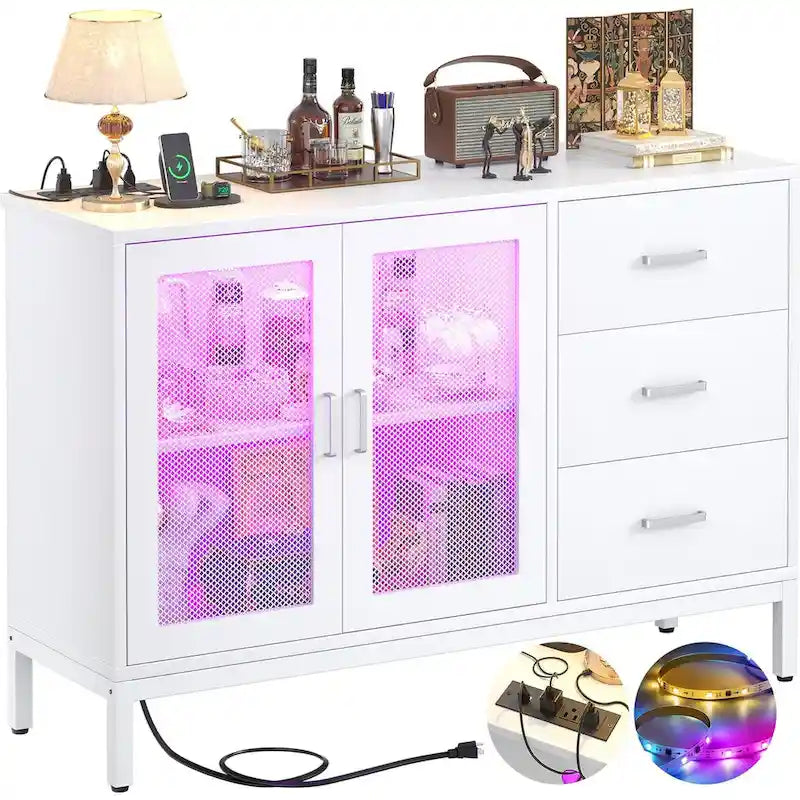 Meuble d'appoint de 45 W avec tiroirs et station de charge, buffet de rangement avec lumière LED