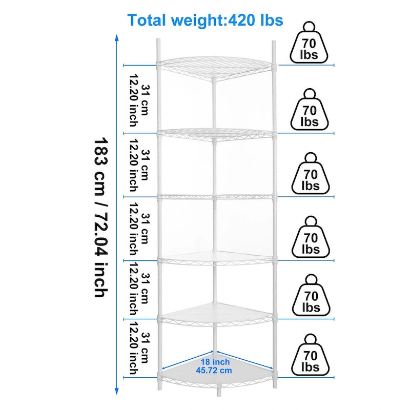 Étagère d'angle métallique à 6 niveaux réglables