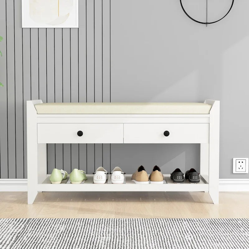 Banc de rangement pour chaussures d'entrée avec siège rembourré et tiroirs