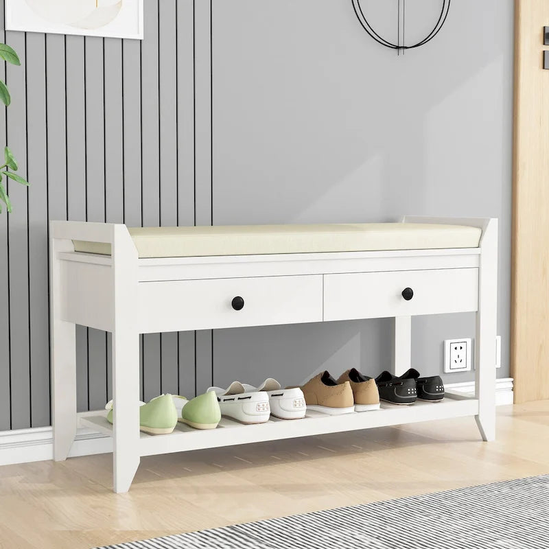 Banc de rangement pour chaussures d'entrée avec siège rembourré et tiroirs