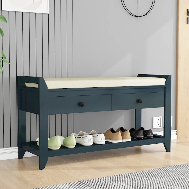 Banc de rangement pour chaussures d'entrée avec siège rembourré et tiroirs