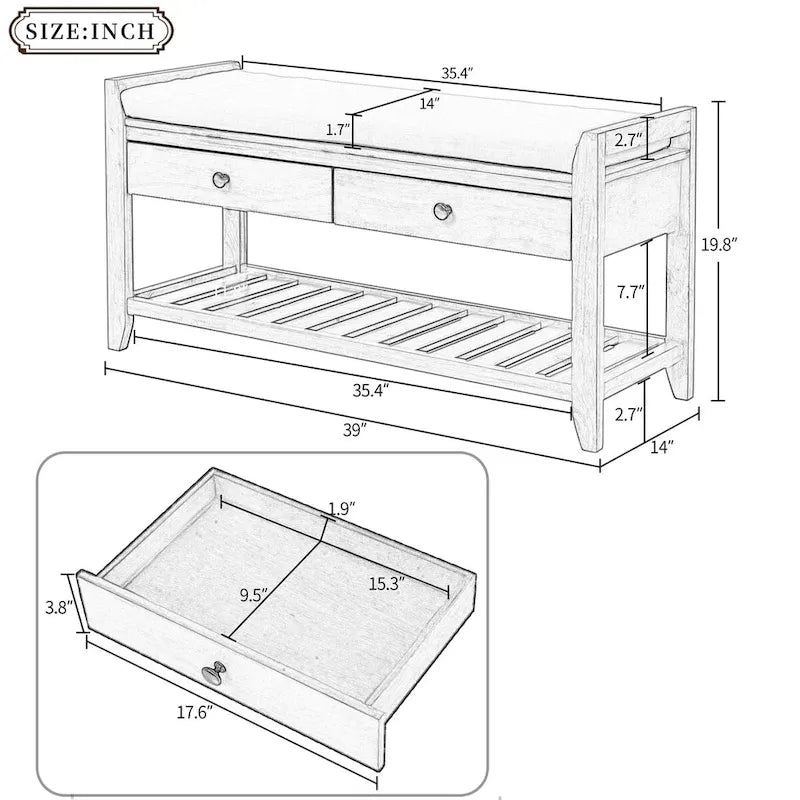 Banc de rangement pour chaussures d'entrée avec siège rembourré et tiroirs