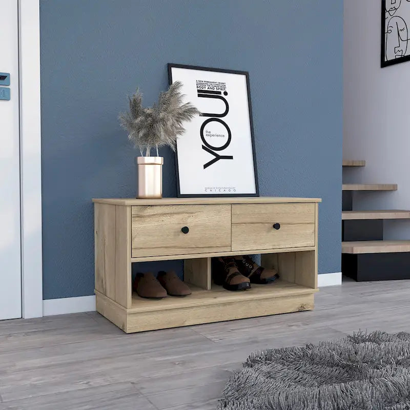 Banc de rangement Beji, étagère inférieure, deux tiroirs, finition chêne clair, haute qualité et durable