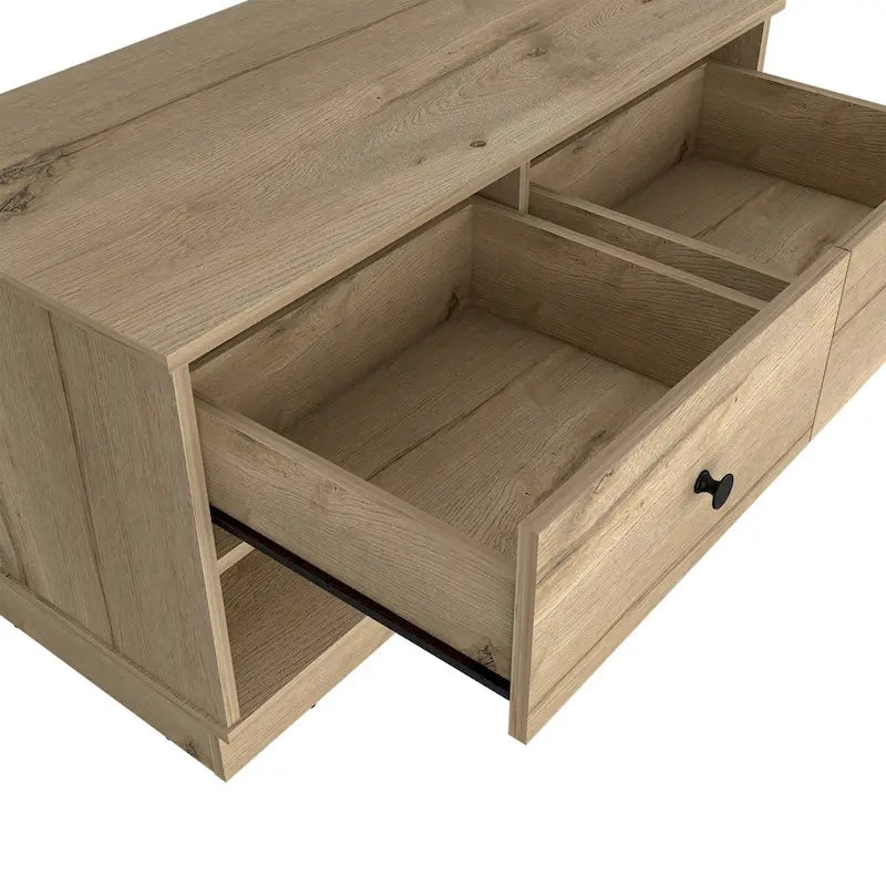 Banc de rangement Beji, étagère inférieure, deux tiroirs, finition chêne clair, haute qualité et durable
