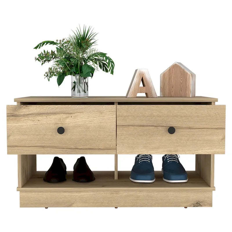 Banc de rangement Beji, étagère inférieure, deux tiroirs, finition chêne clair, haute qualité et durable