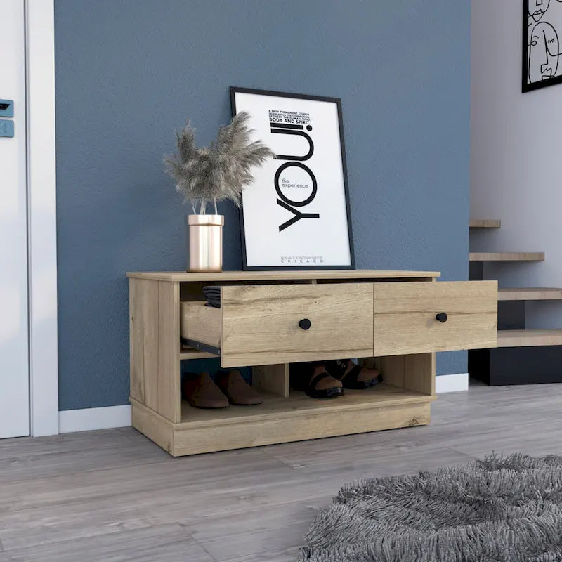 Banc de rangement Beji, étagère inférieure, deux tiroirs, finition chêne clair, haute qualité et durable