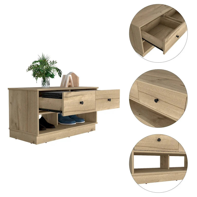 Banc de rangement Beji, étagère inférieure, deux tiroirs, finition chêne clair, haute qualité et durable