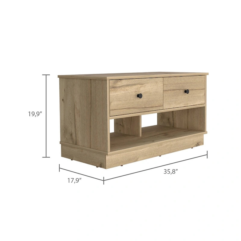 Banc de rangement Beji, étagère inférieure, deux tiroirs, finition chêne clair, haute qualité et durable