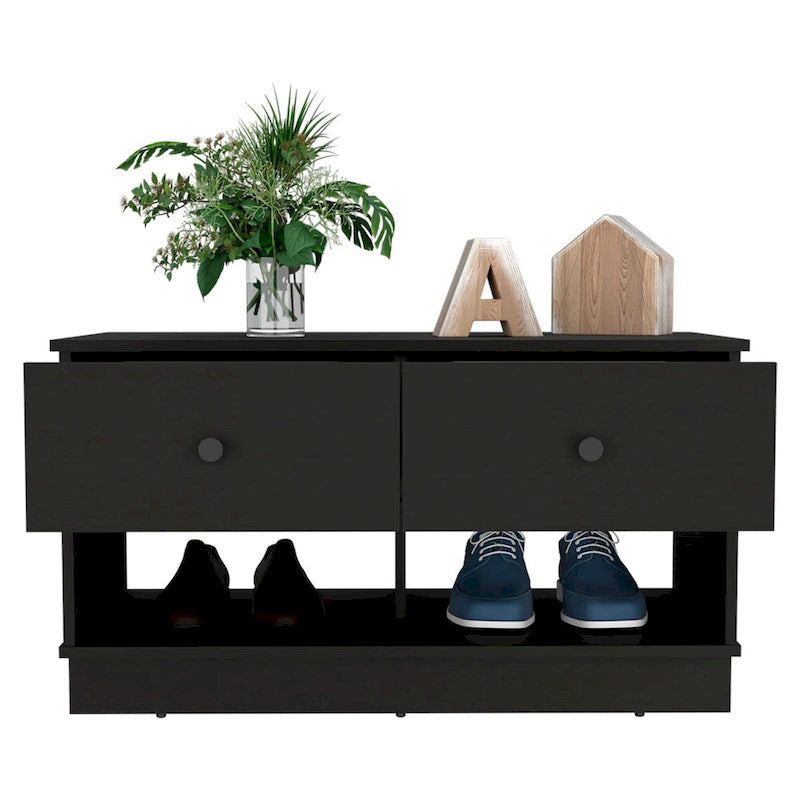 Banc de rangement Beji, étagère inférieure, deux tiroirs, finition chêne clair, haute qualité et durable