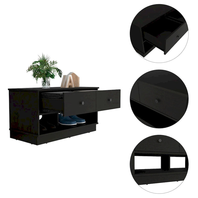 Banc de rangement Beji, étagère inférieure, deux tiroirs, finition chêne clair, haute qualité et durable