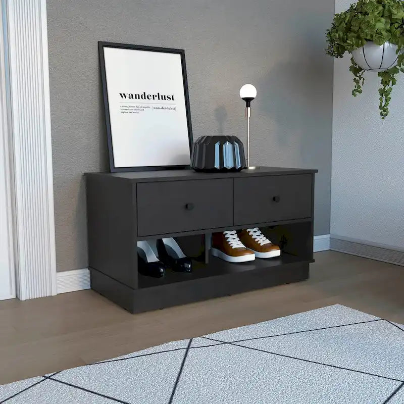 Banc de rangement Beji, étagère inférieure, deux tiroirs, finition chêne clair, haute qualité et durable