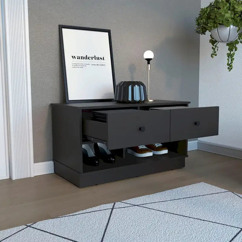 Banc de rangement Beji, étagère inférieure, deux tiroirs, finition chêne clair, haute qualité et durable