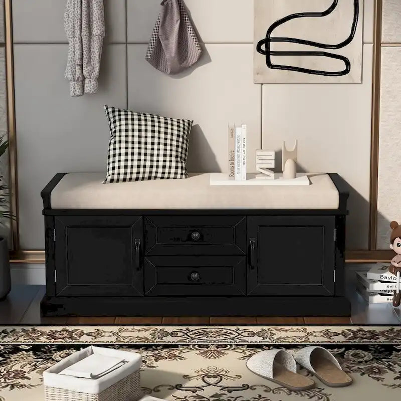 Banc de rangement avec 2 tiroirs et 2 placards, banc à chaussures avec coussin amovible pour salon, entrée (noir)