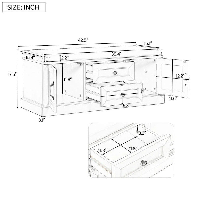 Banc de rangement avec 2 tiroirs et 2 placards, banc à chaussures avec coussin amovible pour salon, entrée (noir)