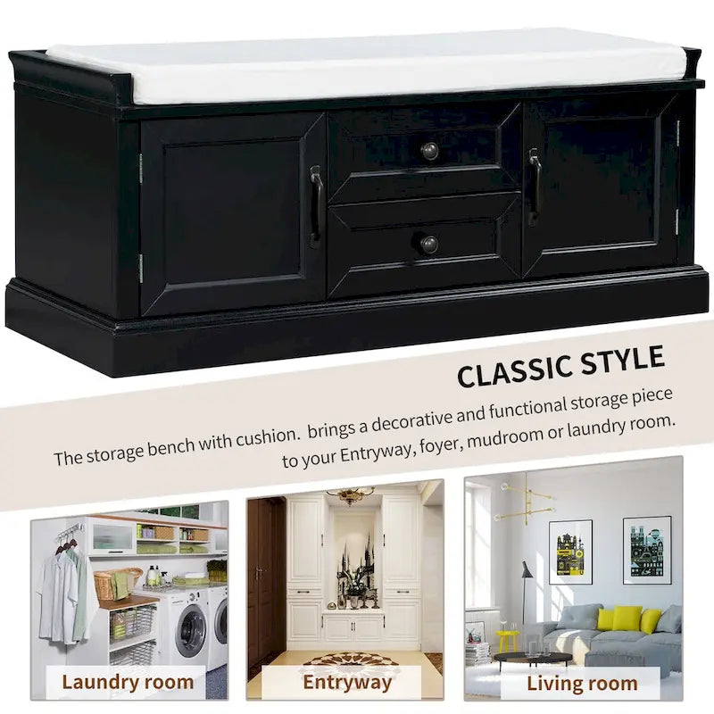 Banc de rangement avec 2 tiroirs et 2 placards, banc à chaussures avec coussin amovible pour salon, entrée (noir)