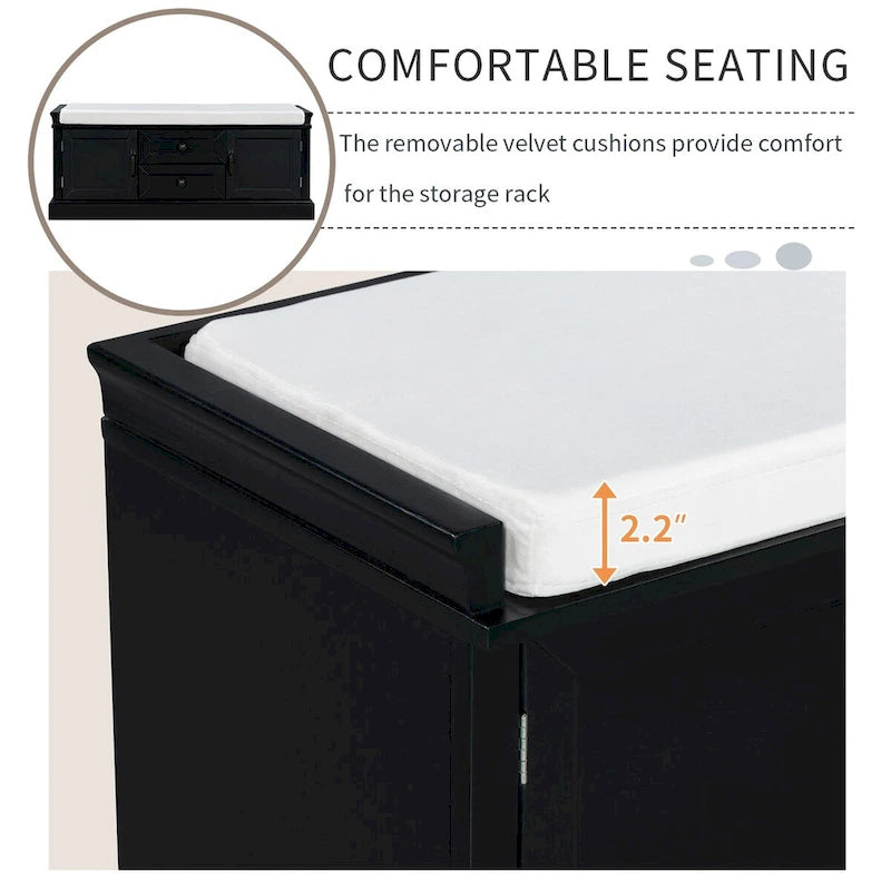 Banc de rangement avec 2 tiroirs et 2 placards, banc à chaussures avec coussin amovible pour salon, entrée (noir)