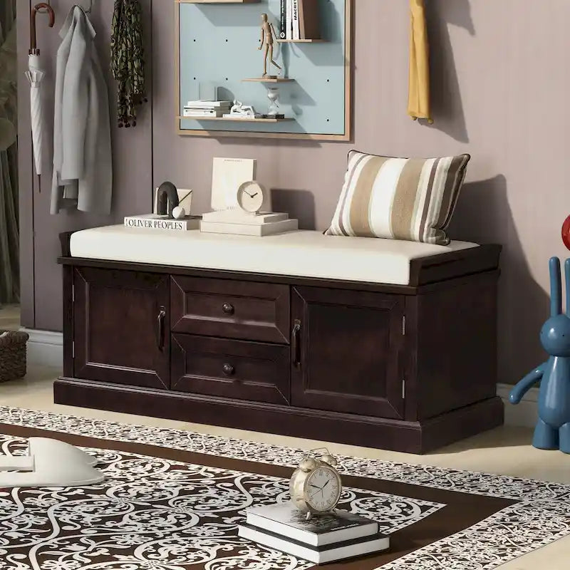 Banc de rangement avec 2 tiroirs et 2 placards, banc à chaussures avec coussin amovible pour salon, entrée (noir)