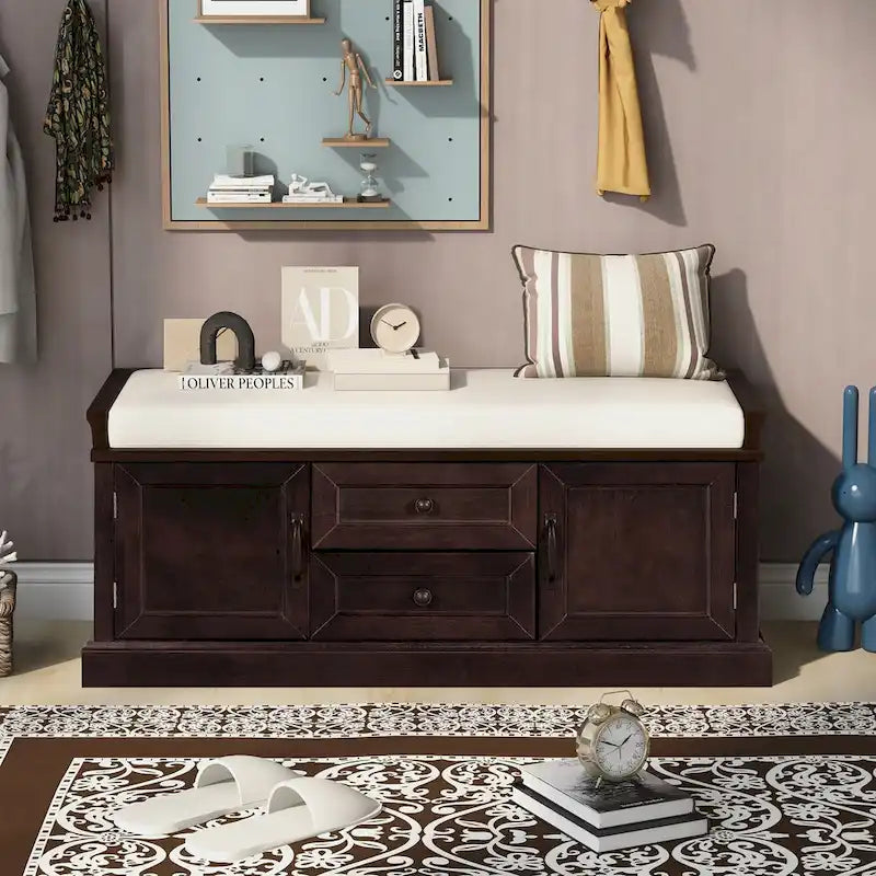 Banc de rangement avec 2 tiroirs et 2 placards, banc à chaussures avec coussin amovible pour salon, entrée (noir)