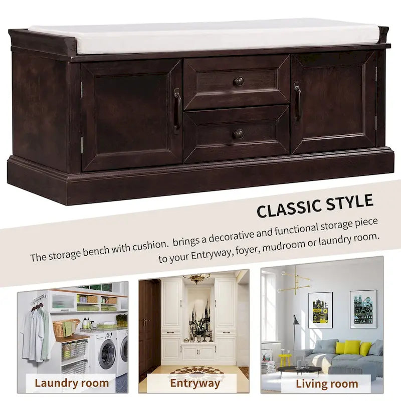 Banc de rangement avec 2 tiroirs et 2 placards, banc à chaussures avec coussin amovible pour salon, entrée (noir)