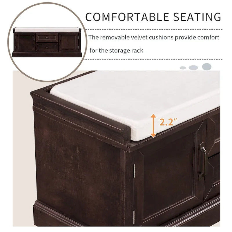 Banc de rangement avec 2 tiroirs et 2 placards, banc à chaussures avec coussin amovible pour salon, entrée (noir)