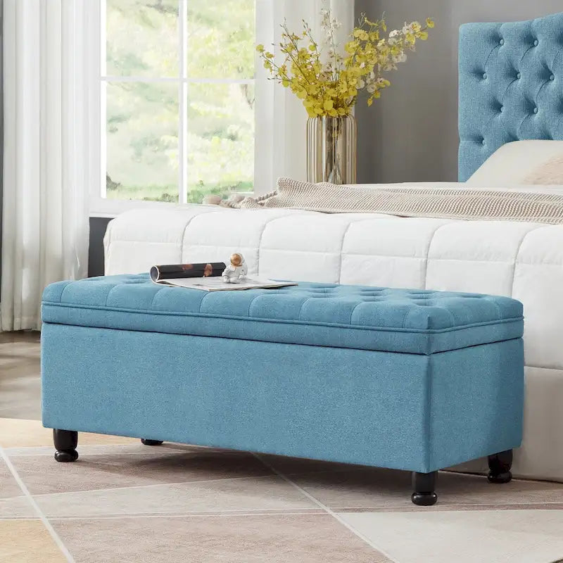 Banc de rangement capitonné, avec tissu en lin et pieds en bois tournés, Banc de lit - Bleu clair