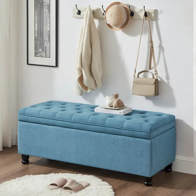 Banc de rangement capitonné, avec tissu en lin et pieds en bois tournés, Banc de lit - Bleu clair