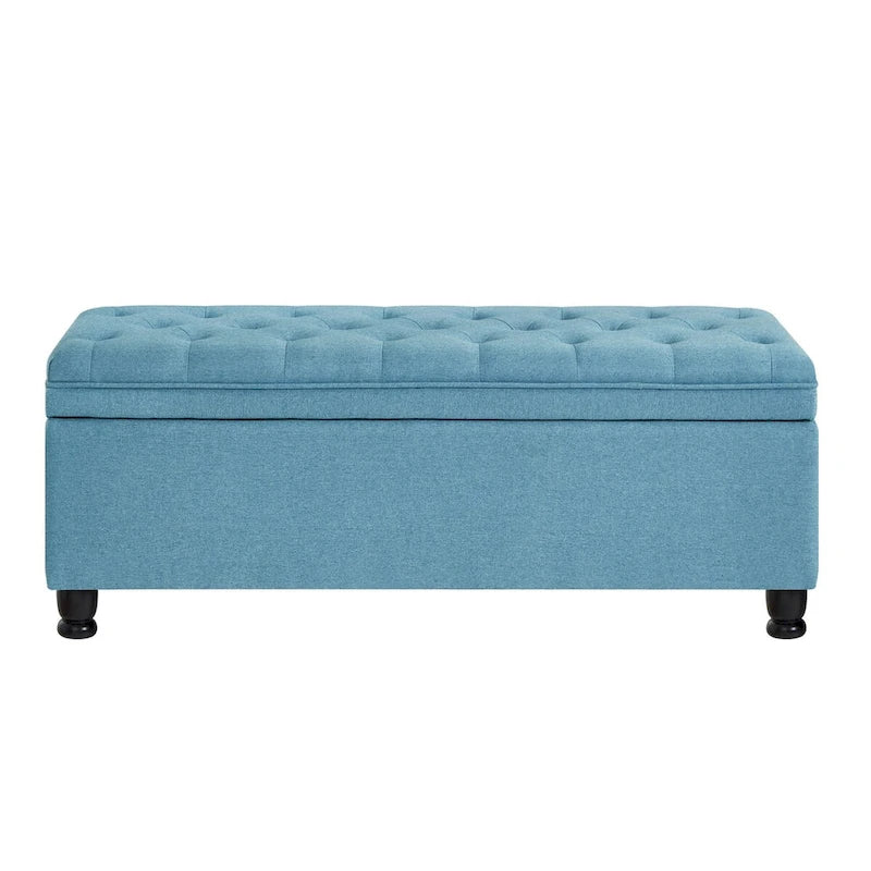 Banc de rangement capitonné, avec tissu en lin et pieds en bois tournés, Banc de lit - Bleu clair