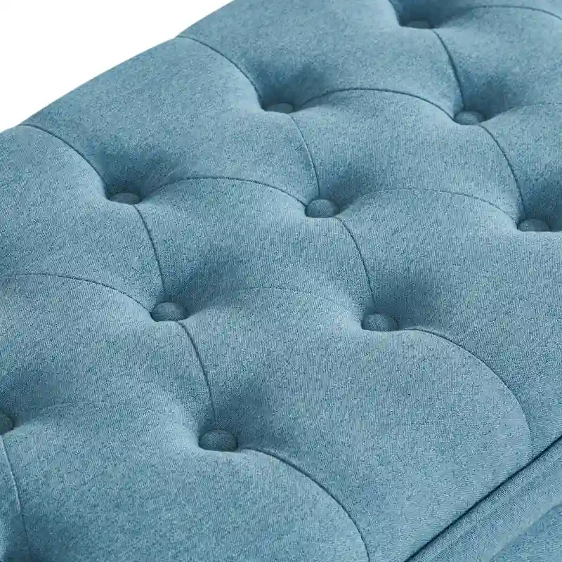 Banc de rangement capitonné, avec tissu en lin et pieds en bois tournés, Banc de lit - Bleu clair