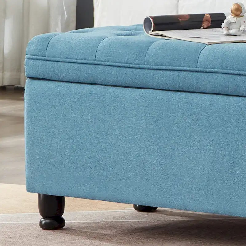 Banc de rangement capitonné, avec tissu en lin et pieds en bois tournés, Banc de lit - Bleu clair