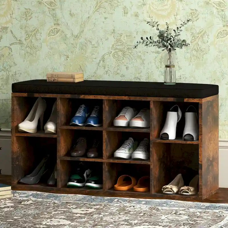 Banc à chaussures d'entrée avec rangement, siège rembourré 104 cm