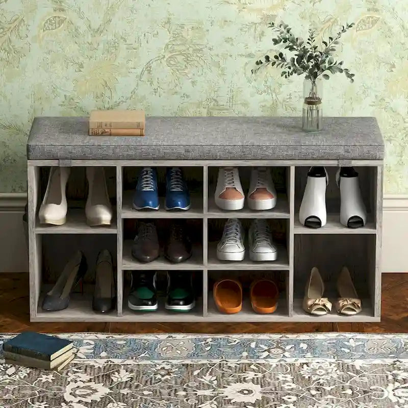 Banc à chaussures d'entrée avec rangement, siège rembourré 104 cm