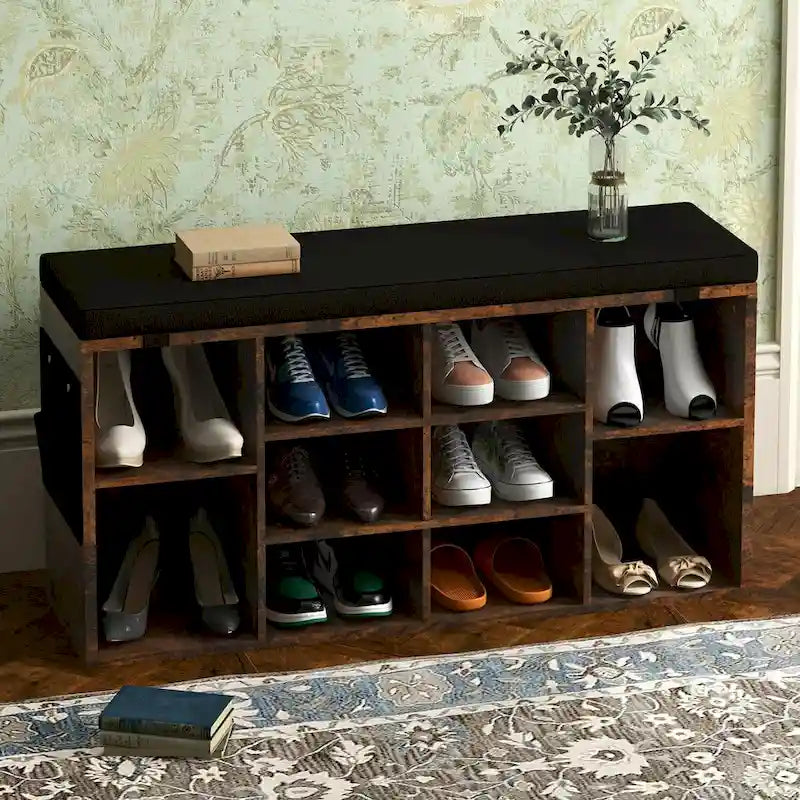 Banc à chaussures d'entrée avec rangement, siège rembourré 104 cm