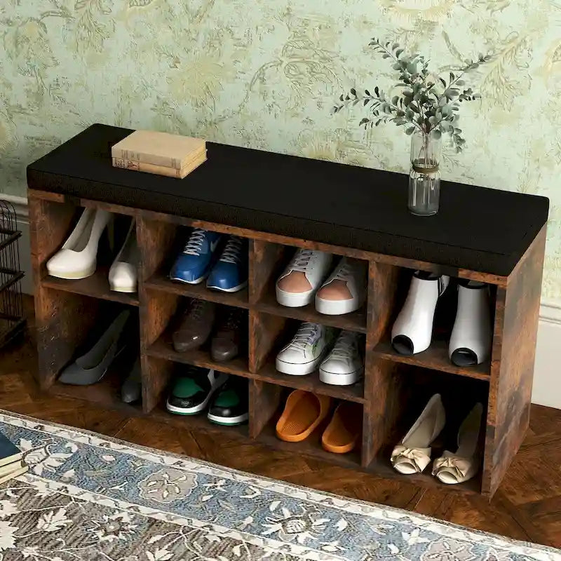 Banc à chaussures d'entrée avec rangement, siège rembourré 104 cm