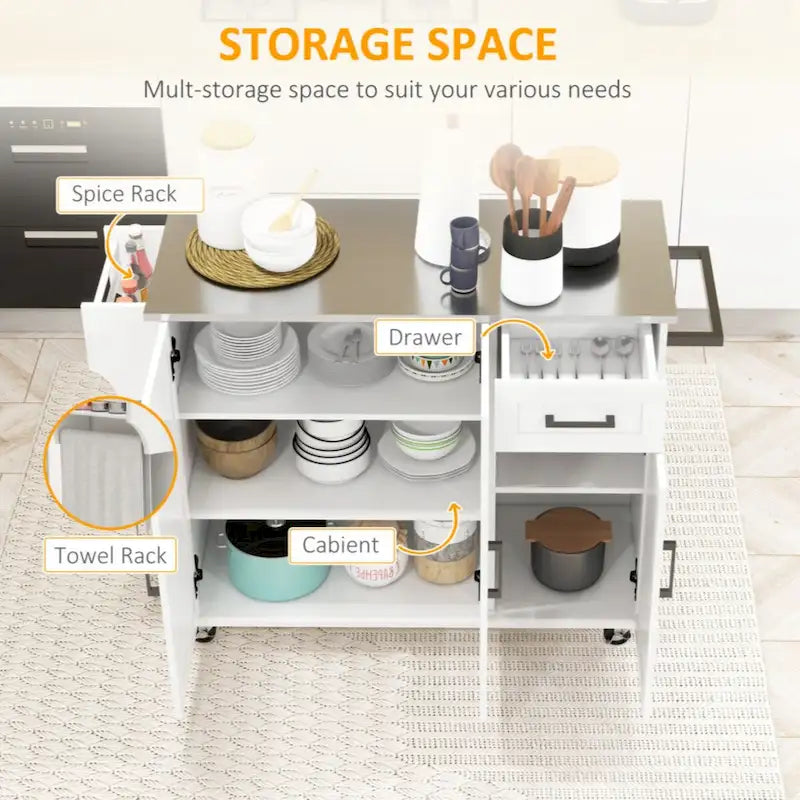 Îlot de cuisine avec rangement, îlot de cuisine roulant sur roulettes avec tiroir, 3 armoires, porte-épices et porte-serviettes, blanc