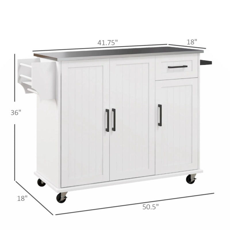 Îlot de cuisine avec rangement, îlot de cuisine roulant sur roulettes avec tiroir, 3 armoires, porte-épices et porte-serviettes, blanc