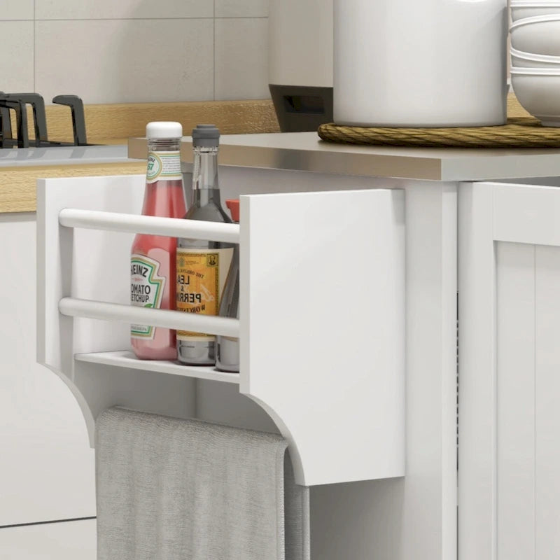 Îlot de cuisine avec rangement, îlot de cuisine roulant sur roulettes avec tiroir, 3 armoires, porte-épices et porte-serviettes, blanc