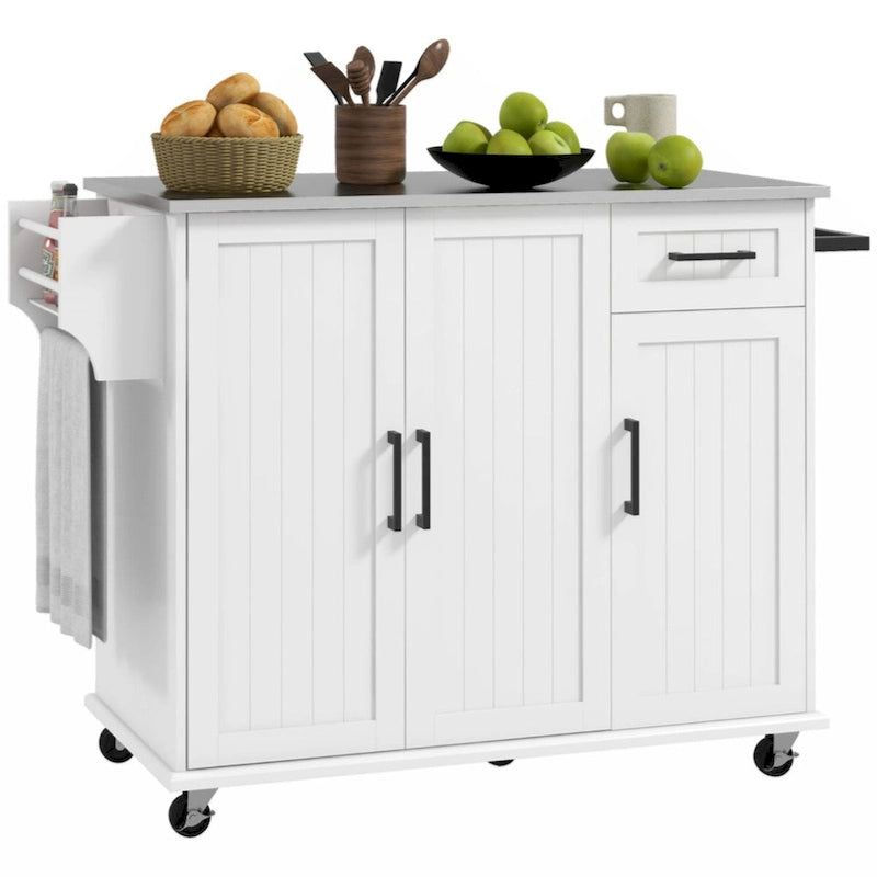 Îlot de cuisine avec rangement, îlot de cuisine roulant sur roulettes avec tiroir, 3 armoires, porte-épices et porte-serviettes, blanc