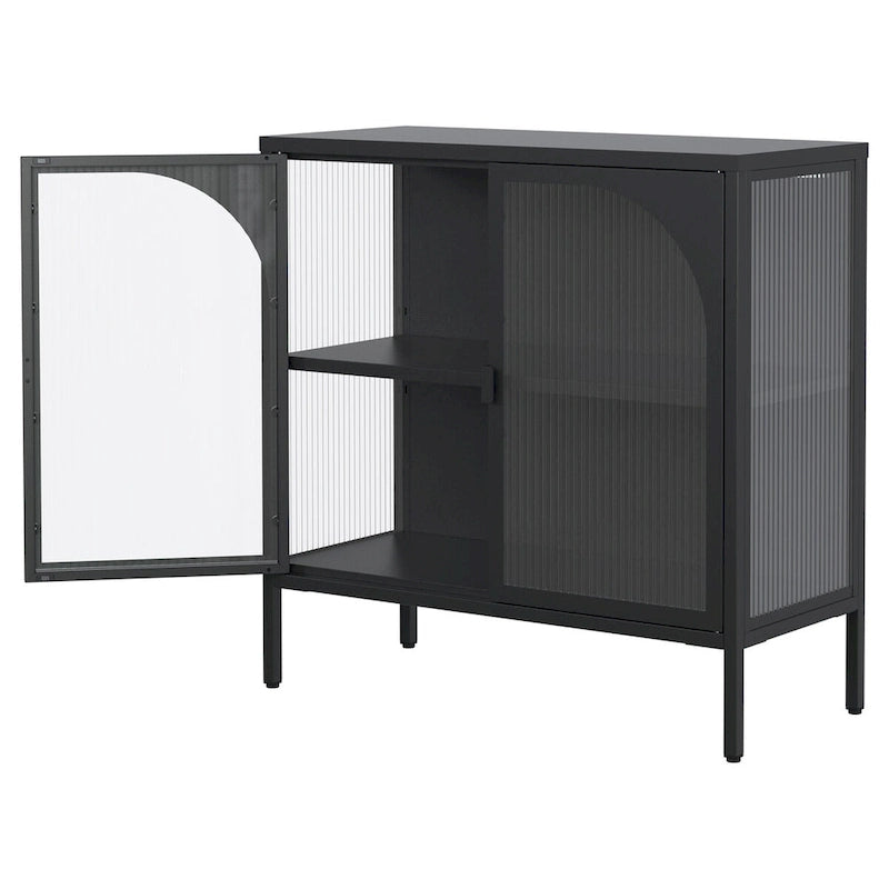 Bahut en Métal, Meuble de Rangement d'Appoint avec 2 Portes en Verre, Meuble Bar à Café avec Étagères Réglables, Capacité de 90 kg