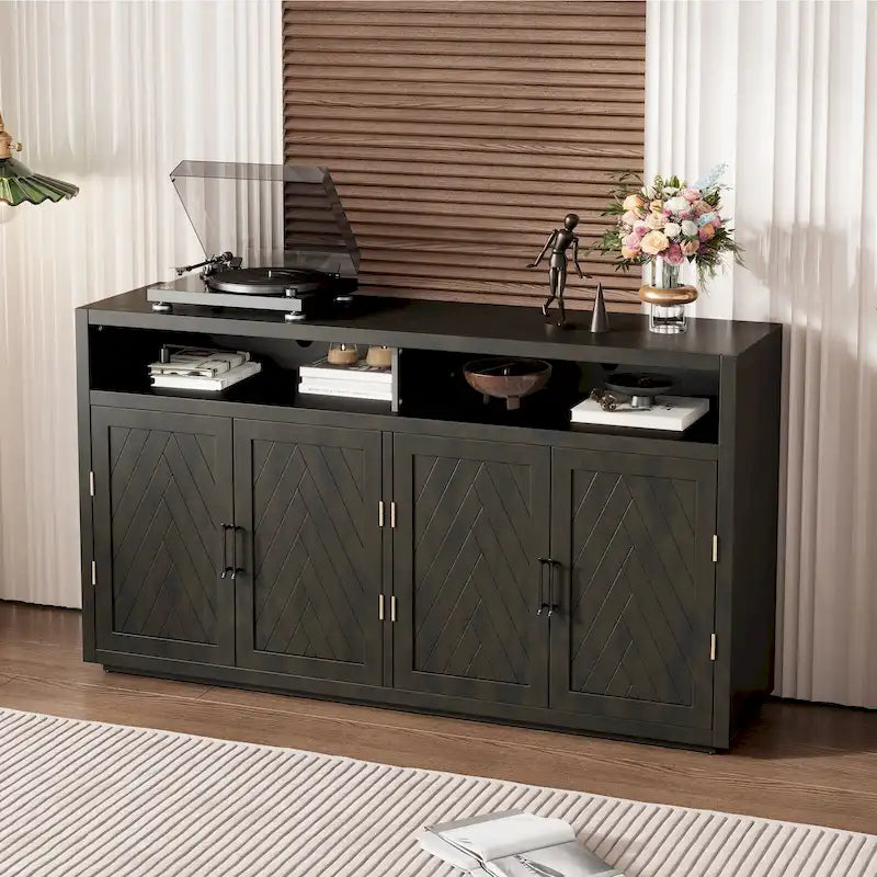 Enfilade Classique Moderne 4 Portes avec Rangement Ouvert et Étagères Réglables